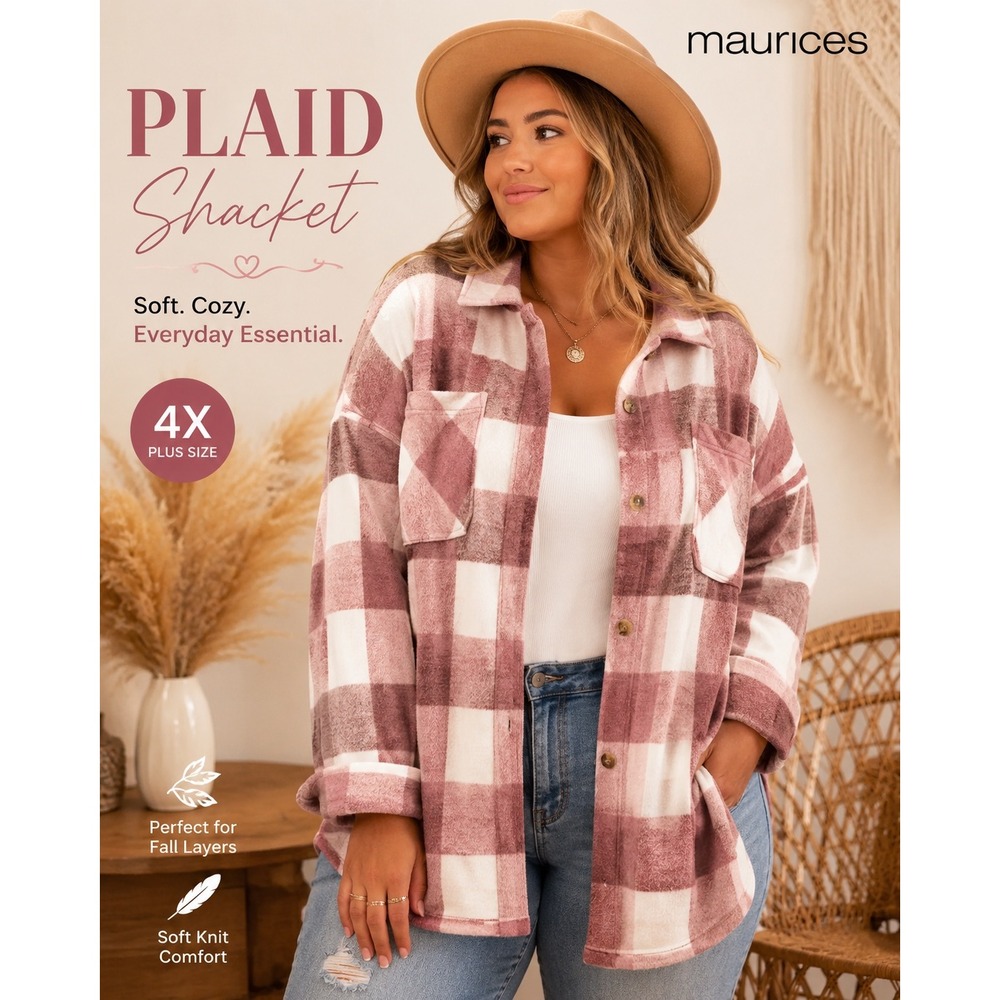 Maurices Shacket Womens‎ 4X Pink Buffalo Plaid Button Front Long Sleeve Pocket